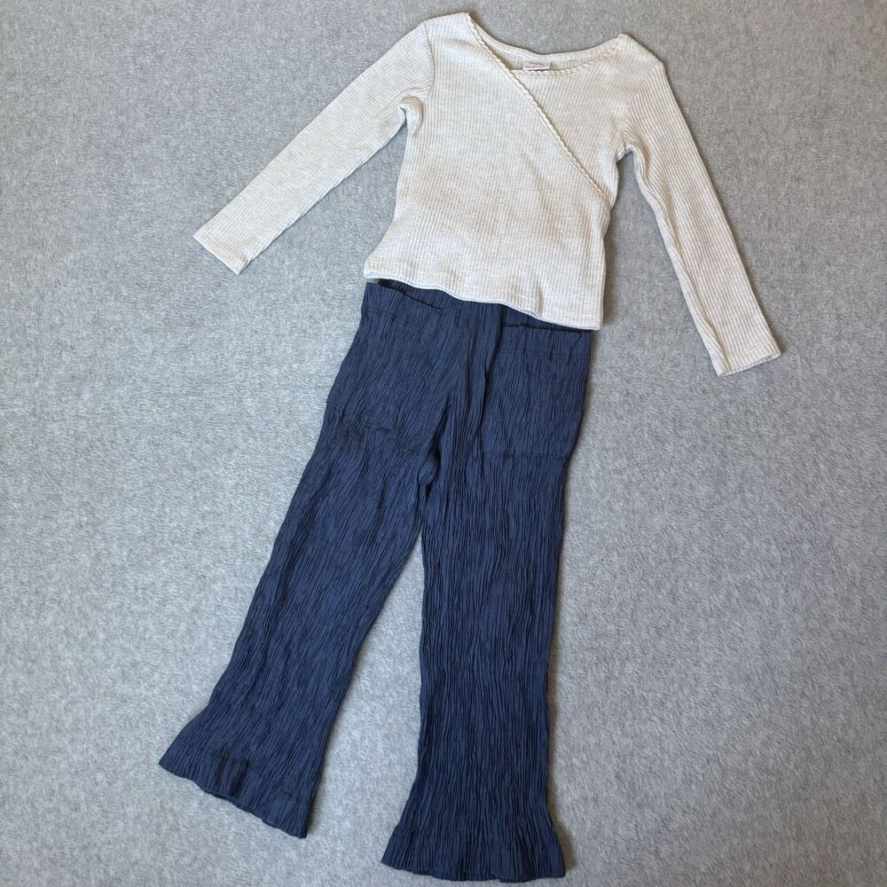 Zara Girls Flare Pants Size 6 Blue Crinkle Pullover Beige Long Sleeve Top Bundle